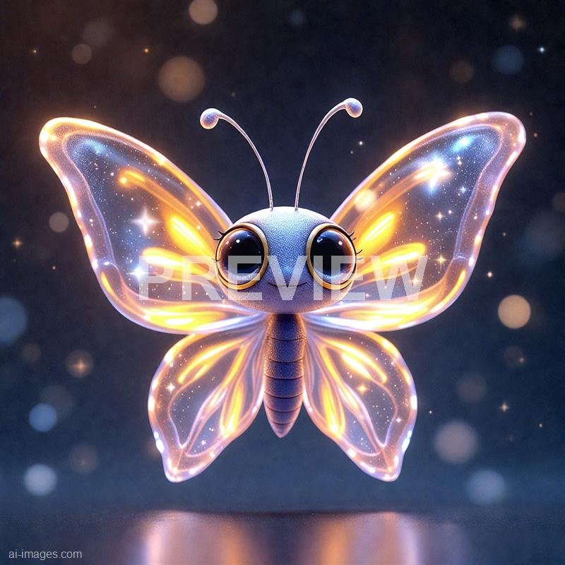 The image features an adorable, fantasy-style butterfly with large, shiny black eyes and a tiny smile. Its wings are semi-transparent and glowing with a vibrant, luminous pattern of golden and blue sparks, resembling a starry night sky or cosmic dust. The background is a dark, blurred space with floating light particles, enhancing the magical, otherworldly atmosphere of the scene.